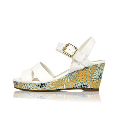 Girls white floral wedges